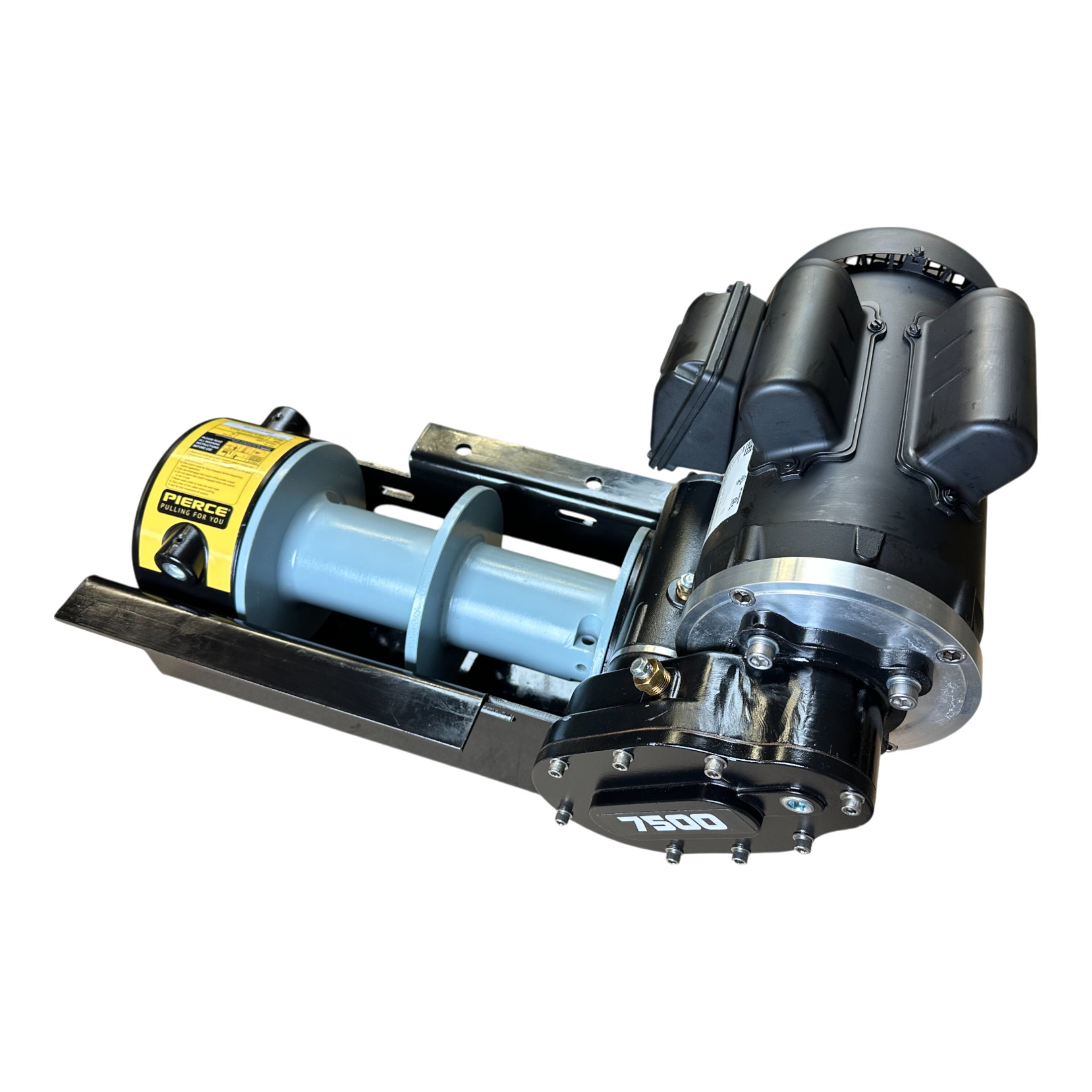 PIERCE 7,500 lbs. 11" Split Drum 110V AC Industrial Winch in an elegant black casing with a yellow label, showcasing advanced worm gear technology, set against a stylish black background.