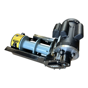 PIERCE 7,500 lbs. 11" Split Drum 110V AC Industrial Winch in an elegant black casing with a yellow label, showcasing advanced worm gear technology, set against a stylish black background.