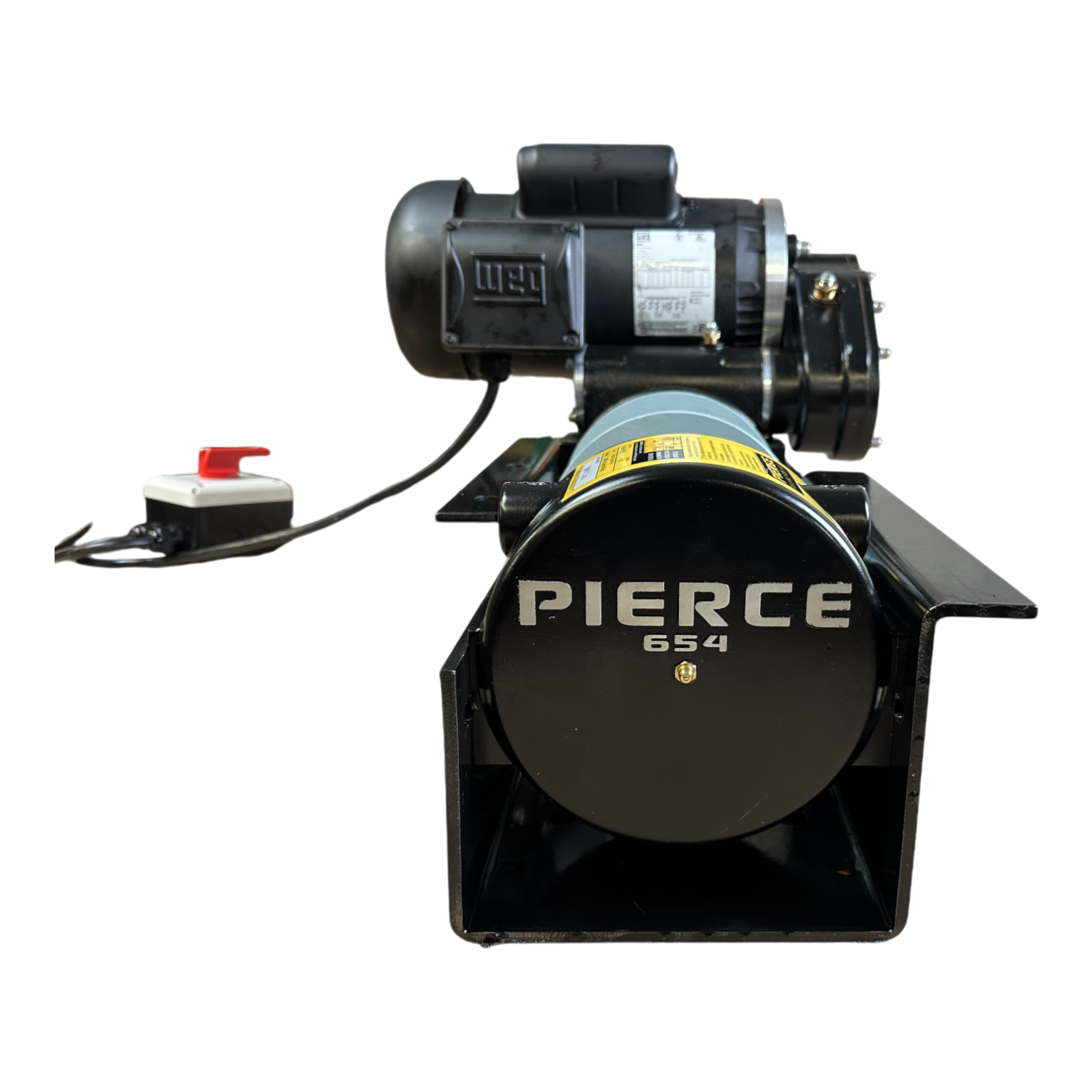 The front view of the PIERCE 7,500 lbs. 11" Split Drum 110V AC Industrial Winch showcases its sleek design and functionality. Equipped with a motor and power switch, this high-quality winch is an excellent choice for those seeking reliable replacement parts.