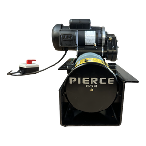 The front view of the PIERCE 7,500 lbs. 11" Split Drum 110V AC Industrial Winch showcases its sleek design and functionality. Equipped with a motor and power switch, this high-quality winch is an excellent choice for those seeking reliable replacement parts.