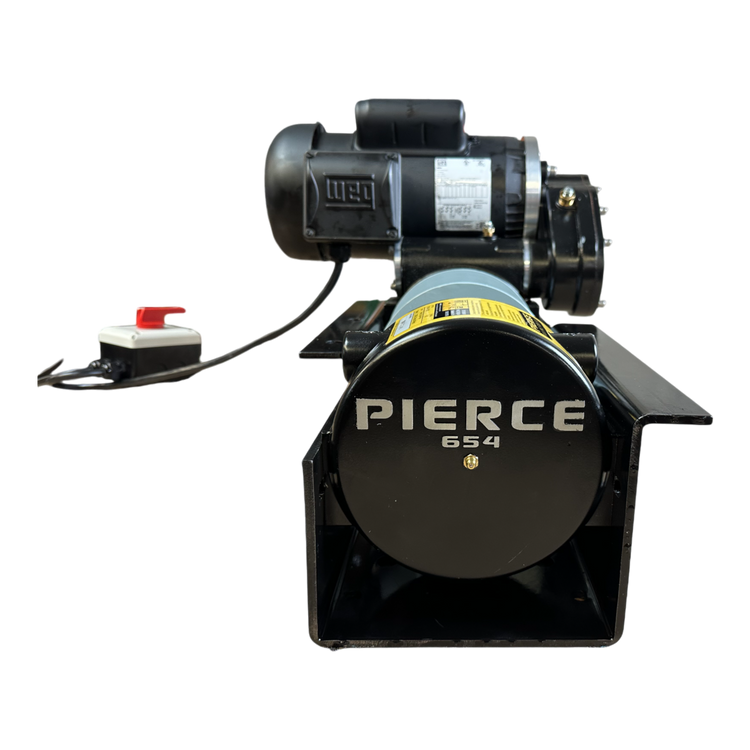 The front view of the PIERCE 7,500 lbs. 11" Split Drum 110V AC Industrial Winch showcases its sleek design and functionality. Equipped with a motor and power switch, this high-quality winch is an excellent choice for those seeking reliable replacement parts.