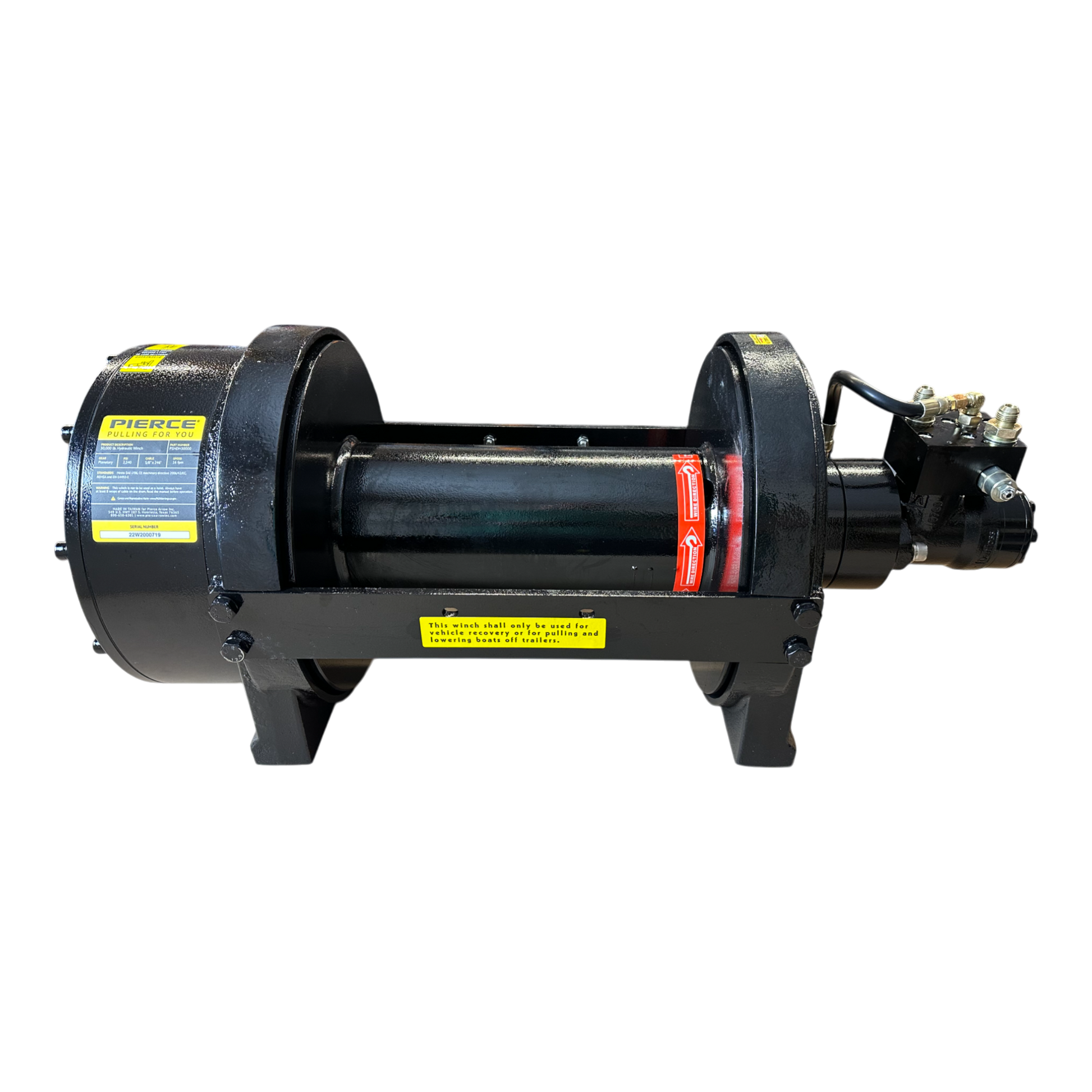 The **PIERCE 30,000 lb Hydraulic Recovery Winch with a Narrow Drum and Manual Clutch** is showcased on a black background. This industrial winch features a central drum and labels, using a manual clutch along with a planetary gear system to provide precision and power for demanding applications.