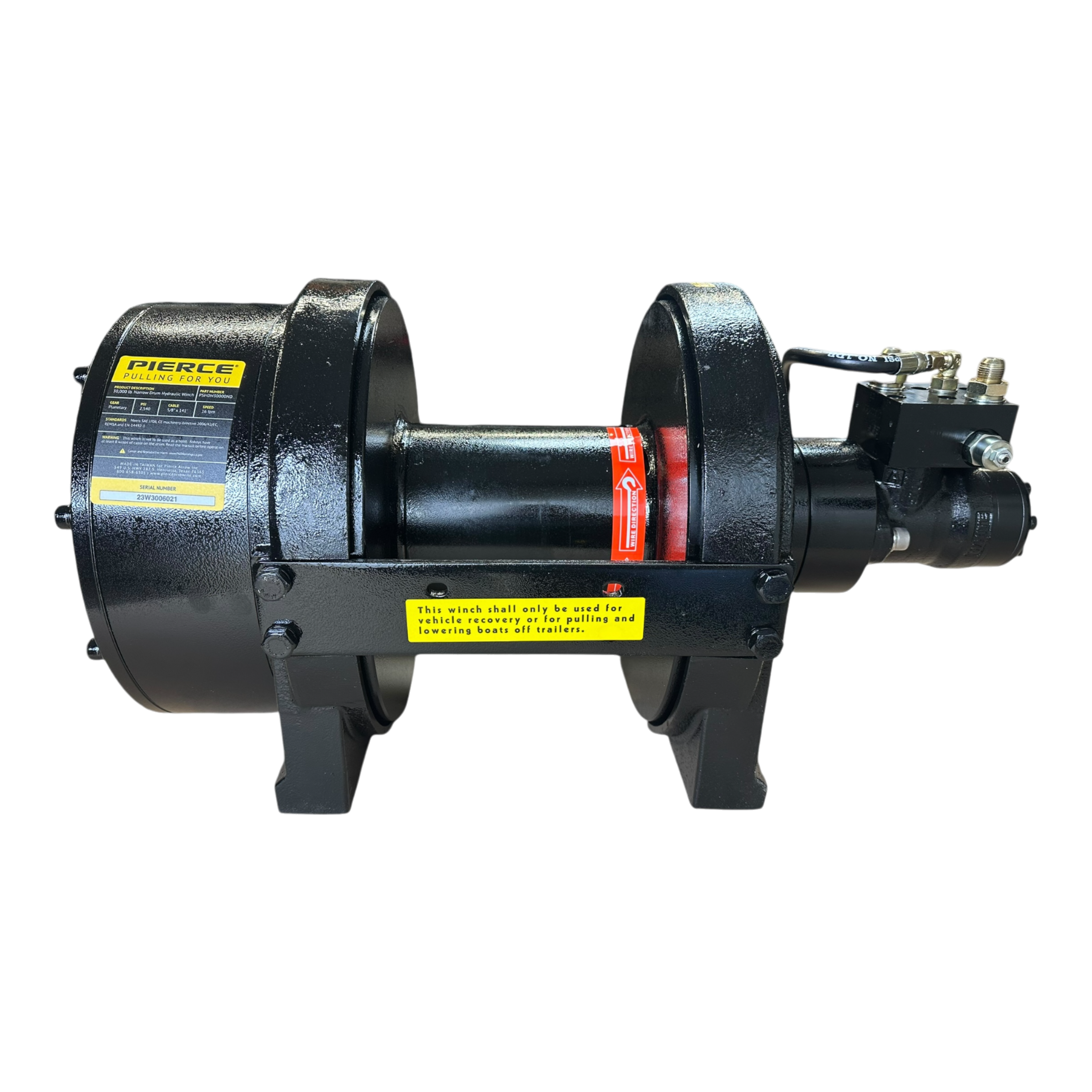 The PIERCE 30,000 lb Hydraulic Recovery Winch with a narrow drum and air clutch features a black casing adorned with yellow labels on a black background.