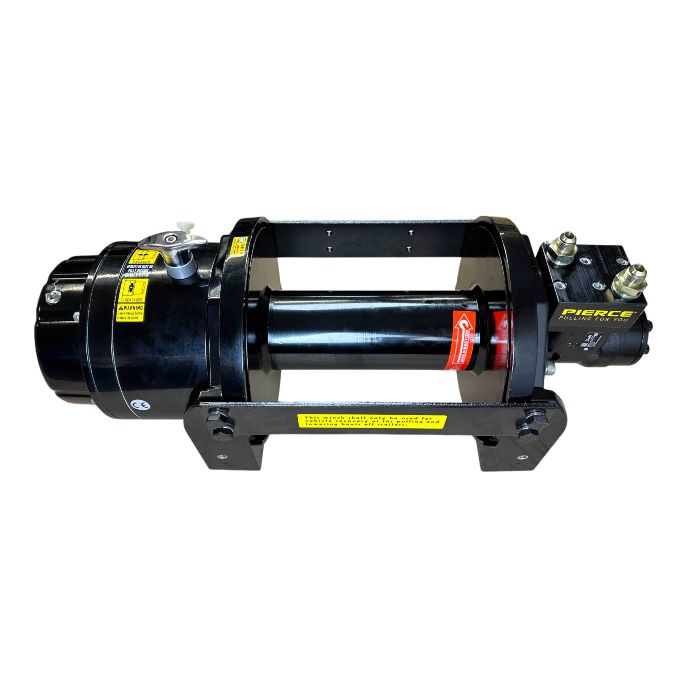 Introducing the PIERCE 18,000 lb Hydraulic Recovery Winch: a sleek black device featuring a sturdy drum, robust motor, and precise wiring set on a durable metal frame against a dark backdrop. This winch is ideal for vehicle recovery with its efficient planetary gearing system and dependable load-holding cone brake.