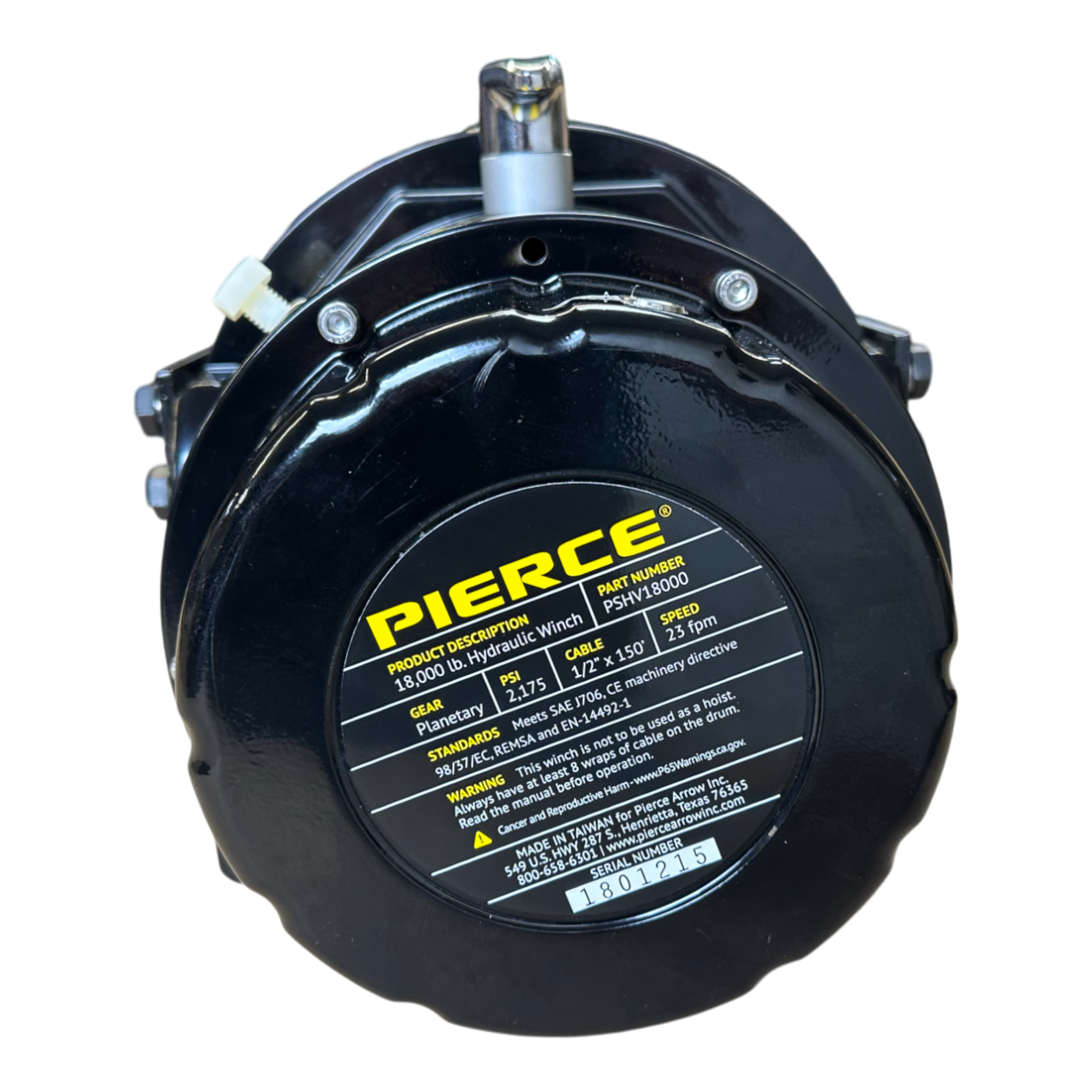 Introducing the 18,000 lb Hydraulic Recovery Winch by PIERCE, featuring a black drum prominently branded with PIERCE. This winch includes a control label and planetary gears, making it ideal for vehicle recovery. It is equipped with a load-holding cone brake for secure and reliable operation.