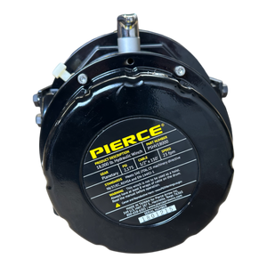 Introducing the 18,000 lb Hydraulic Recovery Winch by PIERCE, featuring a black drum prominently branded with PIERCE. This winch includes a control label and planetary gears, making it ideal for vehicle recovery. It is equipped with a load-holding cone brake for secure and reliable operation.