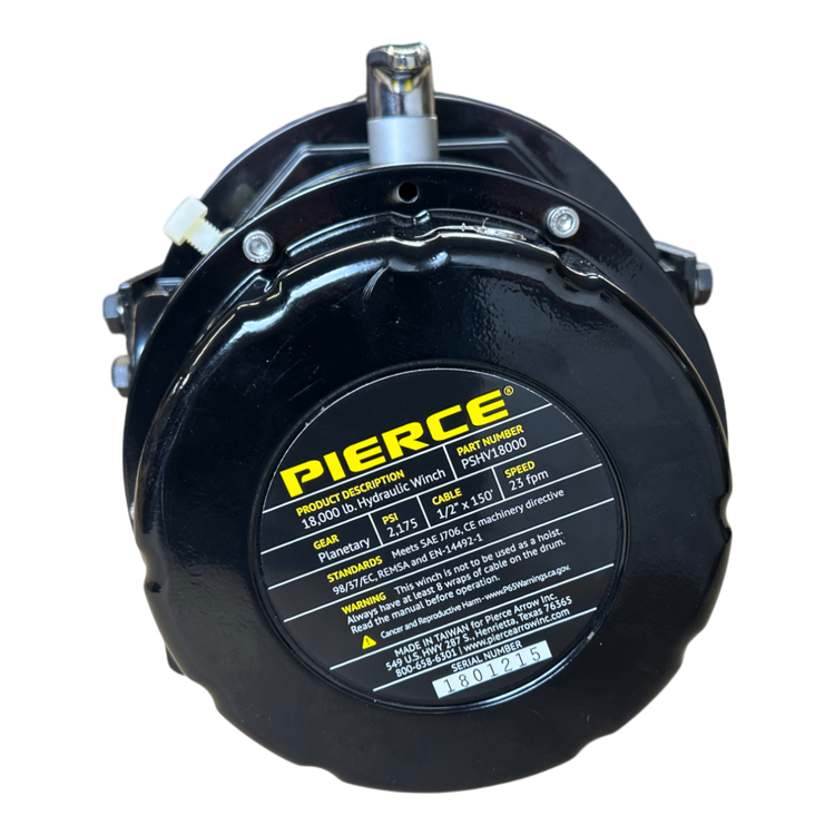 Introducing the 18,000 lb Hydraulic Recovery Winch by PIERCE, featuring a black drum prominently branded with PIERCE. This winch includes a control label and planetary gears, making it ideal for vehicle recovery. It is equipped with a load-holding cone brake for secure and reliable operation.