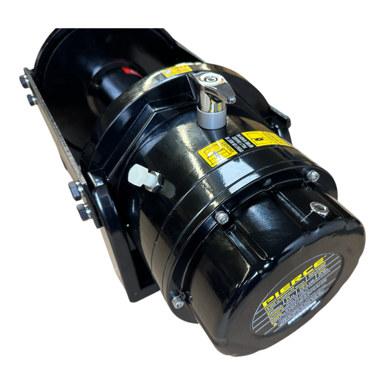 Close-up of the PIERCE 18,000 lb Hydraulic Recovery Winch in black, showcasing yellow warnings and a secure lock mechanism. Perfect for vehicle recovery, it is equipped with a load-holding cone brake to ensure maximum safety and efficiency.