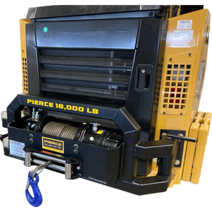 The 18,000 lb Hydraulic Recovery Winch by PIERCE showcases a heavy-duty design with a distinct yellow and black housing complemented by a blue hook. Ideal for vehicle recovery tasks, it includes a dependable load-holding cone brake to ensure enhanced safety.