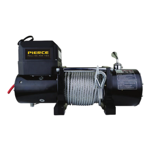 A compact, powerful winch with a coiled steel cable and lever, featuring the PIERCE brand name and labeled as the 6,000 lb Recovery Winch on the casing.