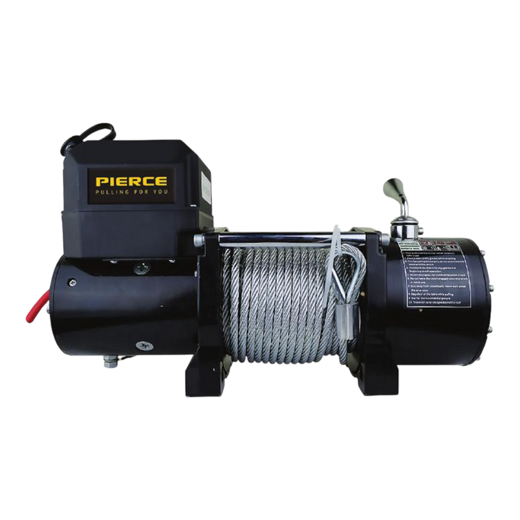 A compact, powerful winch with a coiled steel cable and lever, featuring the PIERCE brand name and labeled as the 6,000 lb Recovery Winch on the casing.