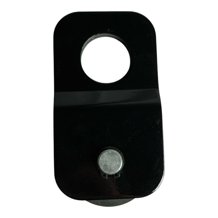 A Snatch Block WLL 6,000 lbs. by PIERCE, featuring a black rectangular design with a circular hole at the top and a small metallic button below.