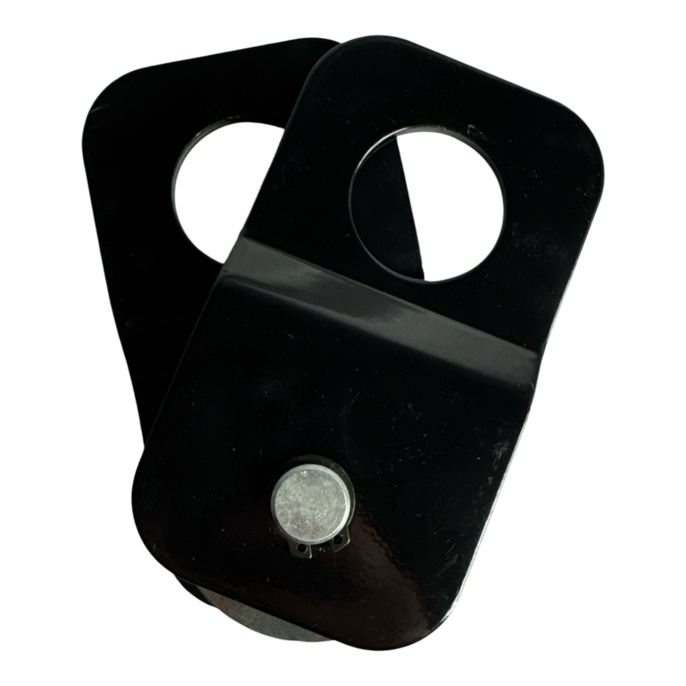 A PIERCE Snatch Block WLL 6,000 lbs., a black metal item featuring circular cutouts and a small round magnet on its surface, is set against a black background.