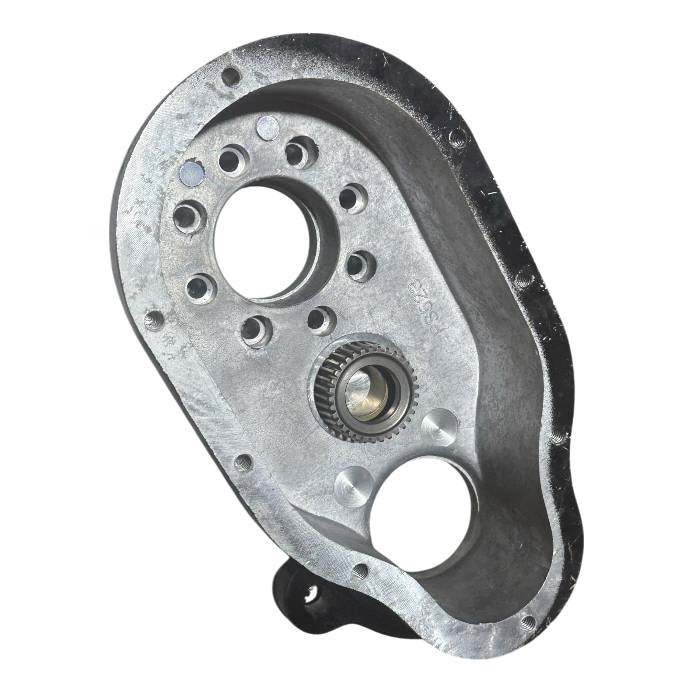 Precision-engineered PIERCE Transfer Housing from the 654 Series, supporting up to 12,500 lbs, showcases multiple circular openings and a central gear on a black background.