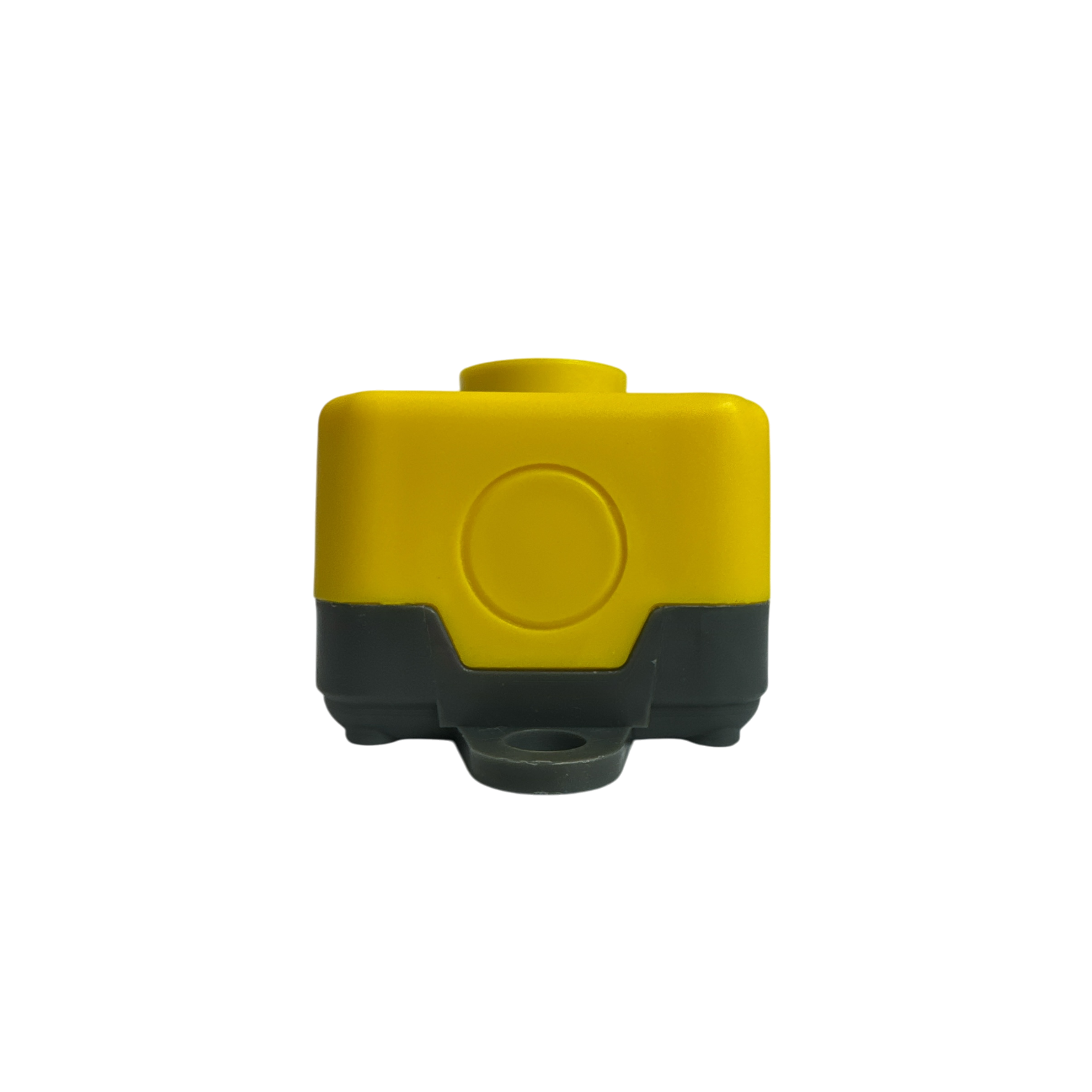 The PIERCE Universal Momentary Pendant Control - 2 Button is a rectangular yellow and gray device for industrial use with a circular top button. Front view against a black background, it resembles a sleek pendant control.