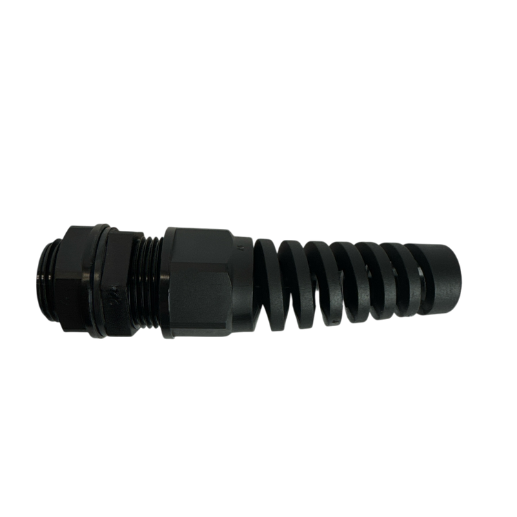 A PIERCE Universal Momentary Pendant Control - 2 Button, featuring a black coiled cable gland for industrial wire protection, set against a plain black background.