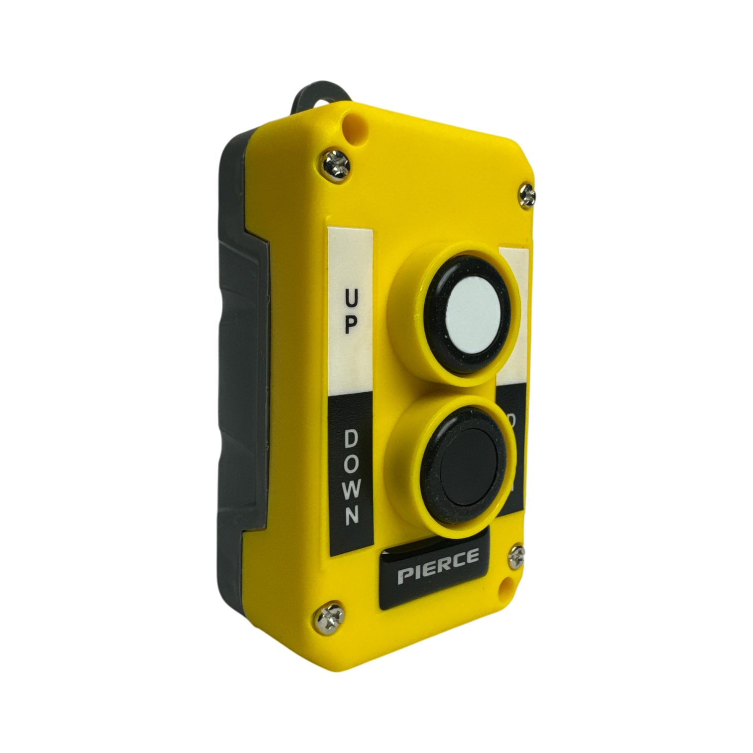 The PIERCE Universal Momentary Pendant Control is a yellow industrial switch with Up and Down buttons, ideal for various industrial applications.