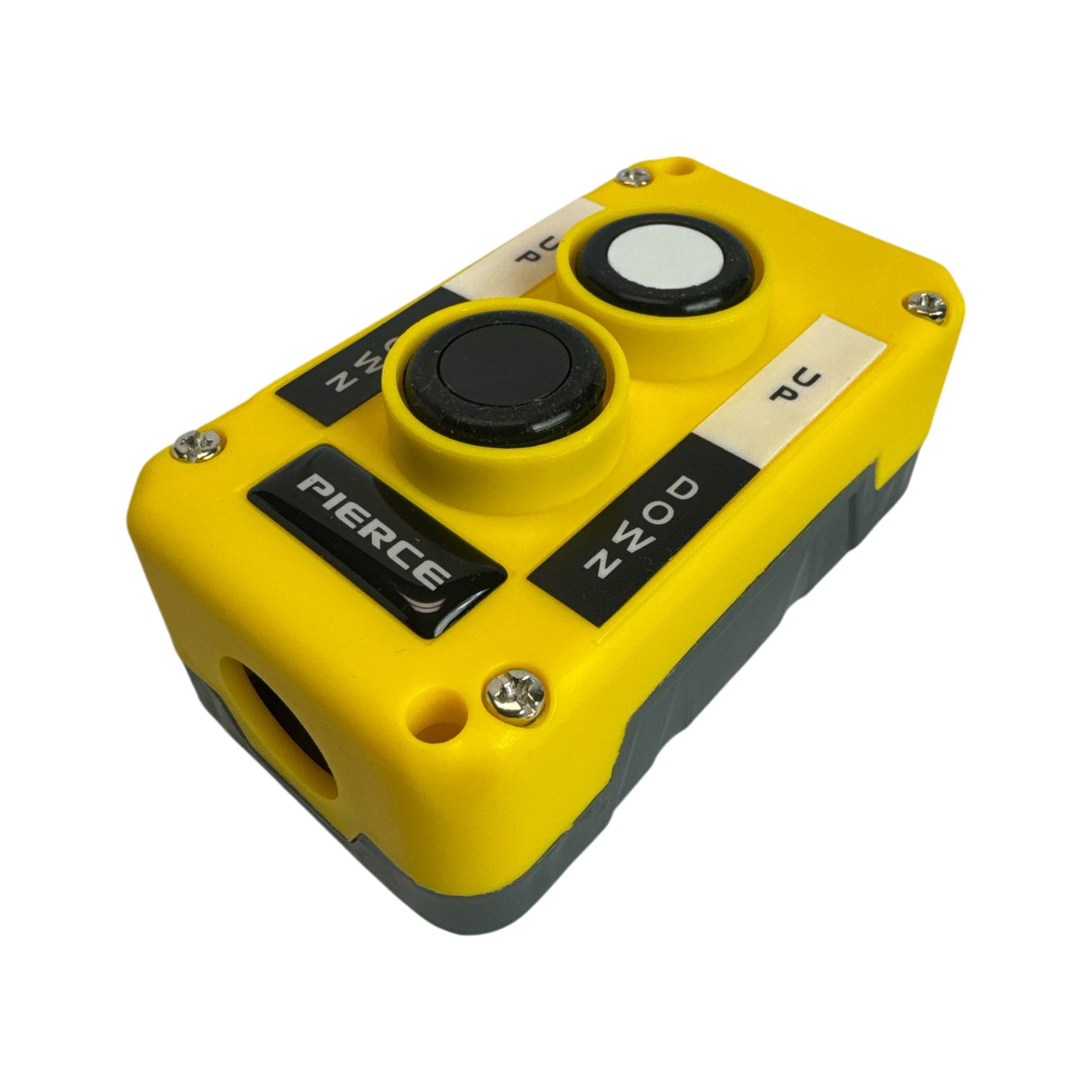 The PIERCE Universal Momentary Pendant Control is a yellow and gray industrial control box with two circular buttons and label text, perfect for various industrial applications.