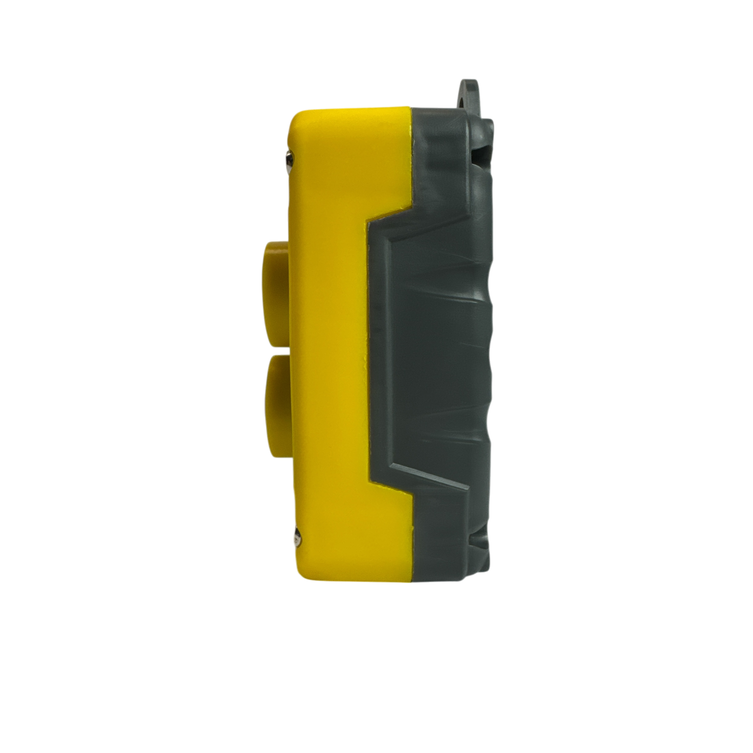 A side view of the PIERCE Universal Momentary Pendant Control - 2 Button in yellow and gray, resembling an industrial electronic device, against a black background.