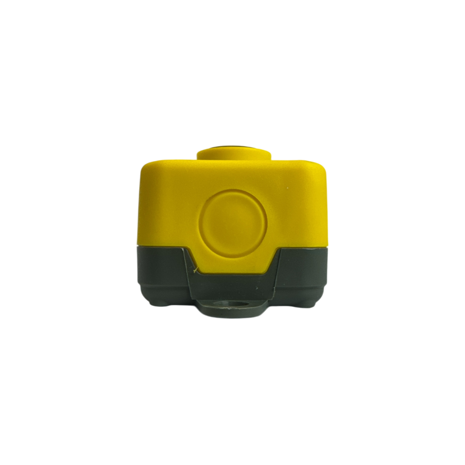 A compact Universal Momentary Pendant Control - 4 Button by PIERCE, featuring a yellow and gray design with a button and cylindrical base, water-resistant capabilities, isolated on a black background.