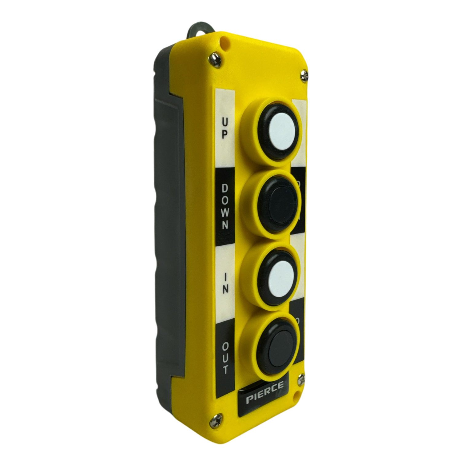 The PIERCE Universal Momentary Pendant Control - 4 Button features a yellow control panel with buttons labeled Up, Down, In, and Out. It is designed to be water-resistant for enhanced durability in various environments.