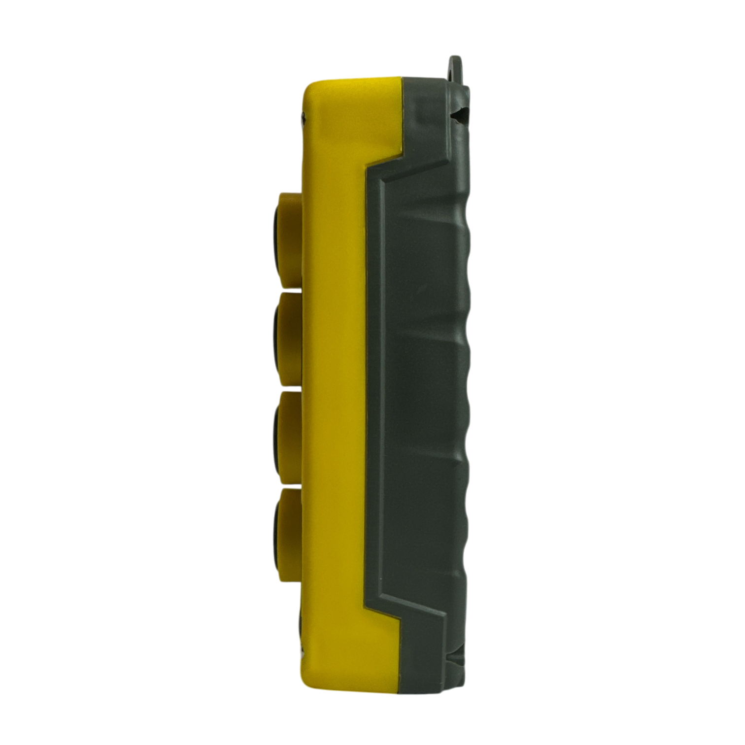 Side view of the PIERCE Universal Momentary Pendant Control, a rugged handheld wireless remote in yellow and gray with four yellow buttons, boasting a water-resistant design.