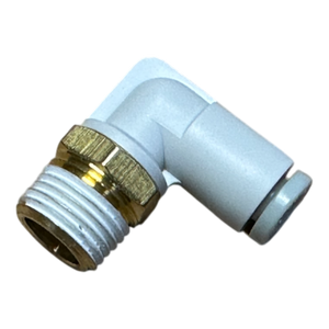 A brass and white plastic elbow connector with a threaded end from Motion Industries Inc., featuring the Controls | Fitting | Elbow | Air product, set against a black background.