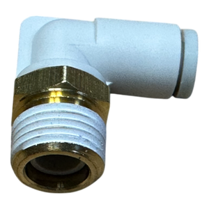 A white plastic elbow fitting with a metallic threaded end by Motion Industries Inc.