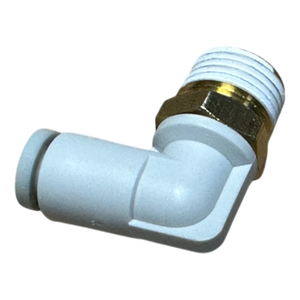 A white air elbow pipe fitting featuring a threaded brass connection from Motion Industries Inc.