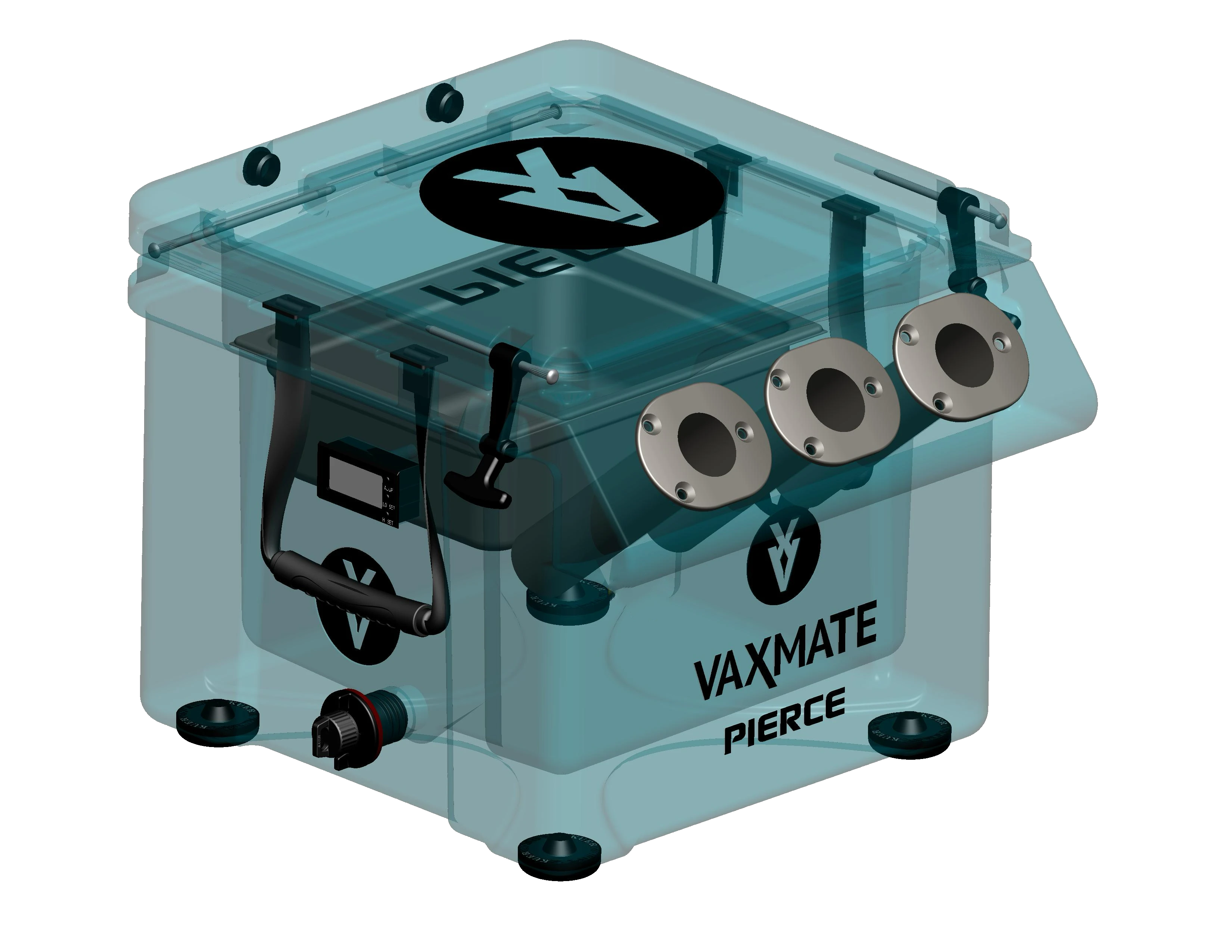 The VaxMate Vaccine Cooler by PIERCE is a transparent box ideal for transporting livestock vaccines, featuring multiple ports and a convenient handle.