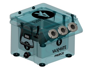 The VaxMate Vaccine Cooler by PIERCE is a transparent box ideal for transporting livestock vaccines, featuring multiple ports and a convenient handle.