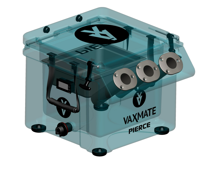 The VaxMate Vaccine Cooler by PIERCE is a transparent box ideal for transporting livestock vaccines, featuring multiple ports and a convenient handle.