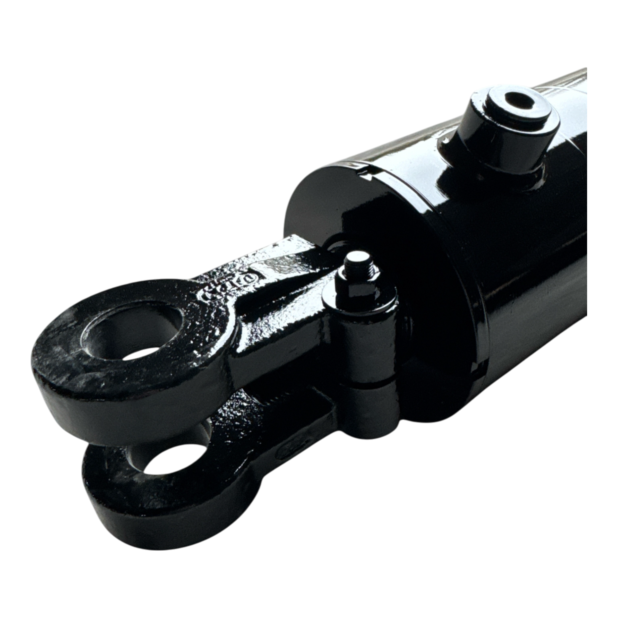 Close-up of a PIERCE black hydraulic cylinder, featuring a clevis mount, on a black background. The product is a welded cylinder with a 4-inch bore diameter and a 14-inch stroke.