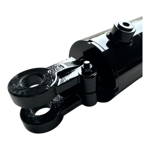 Close-up of a PIERCE black hydraulic cylinder, featuring a clevis mount, on a black background. The product is a welded cylinder with a 4-inch bore diameter and a 14-inch stroke.