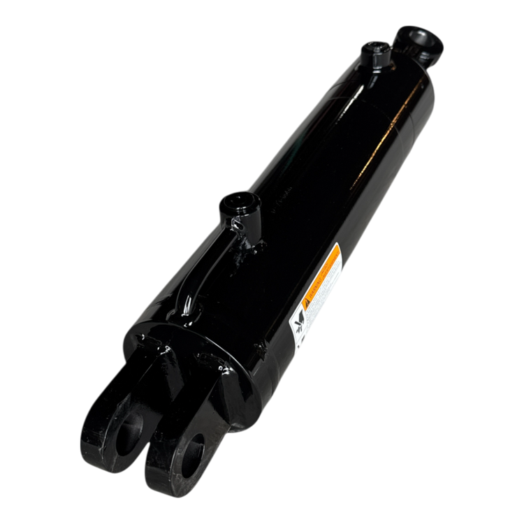 A PIERCE black hydraulic cylinder with a 4-inch bore diameter and 14-inch stroke, featuring attachment points at both ends, isolated on a white background.