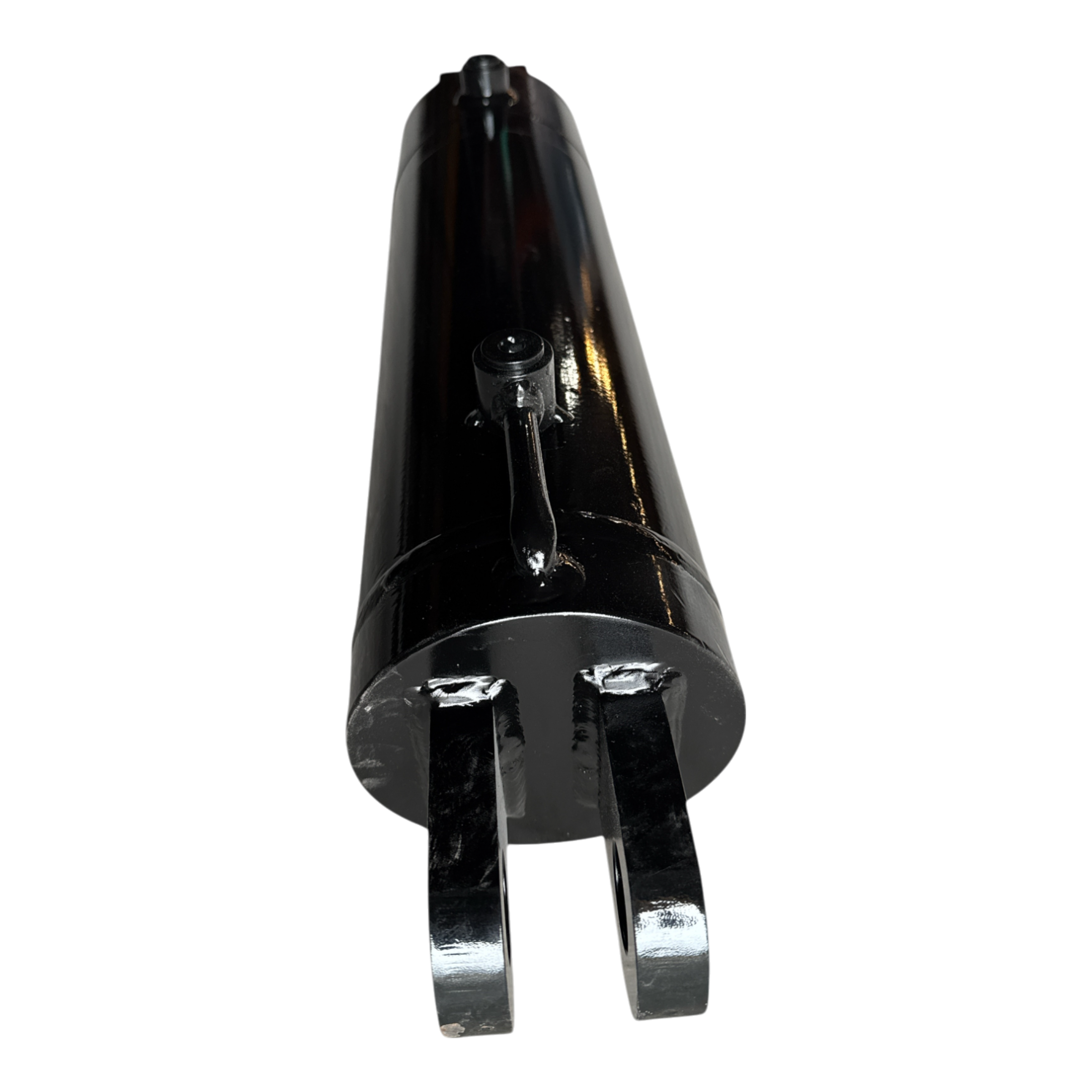 Glossy black PIERCE hydraulic cylinder with a 5-inch bore and 14-inch stroke, viewed from the base against a black background.