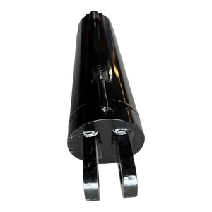 Glossy black PIERCE hydraulic cylinder with a 5-inch bore and 14-inch stroke, viewed from the base against a black background.