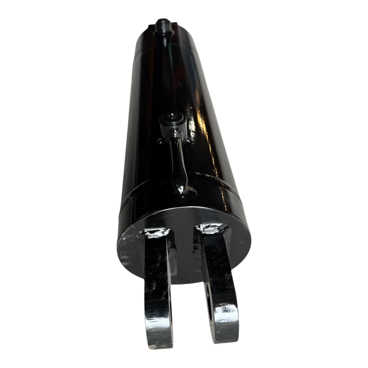 Glossy black PIERCE hydraulic cylinder with a 5-inch bore and 14-inch stroke, viewed from the base against a black background.