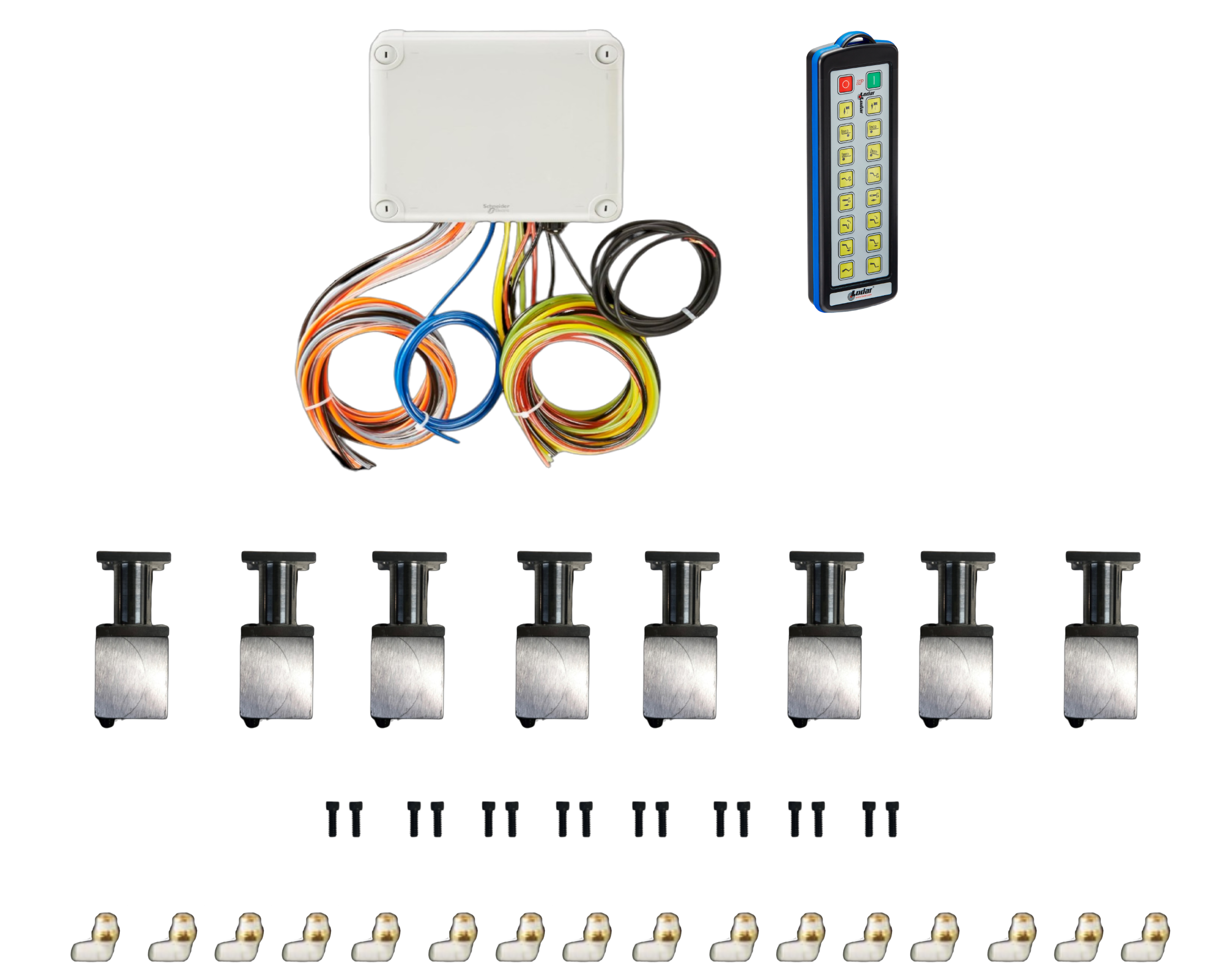 Displayed against a black backdrop is the 16 Function Wireless Air System with Bolt on Actuator by Husco, featuring colorful wires, a remote, metal brackets, and connectors from the PIERCE brand—perfect for optimizing wrecker operations.