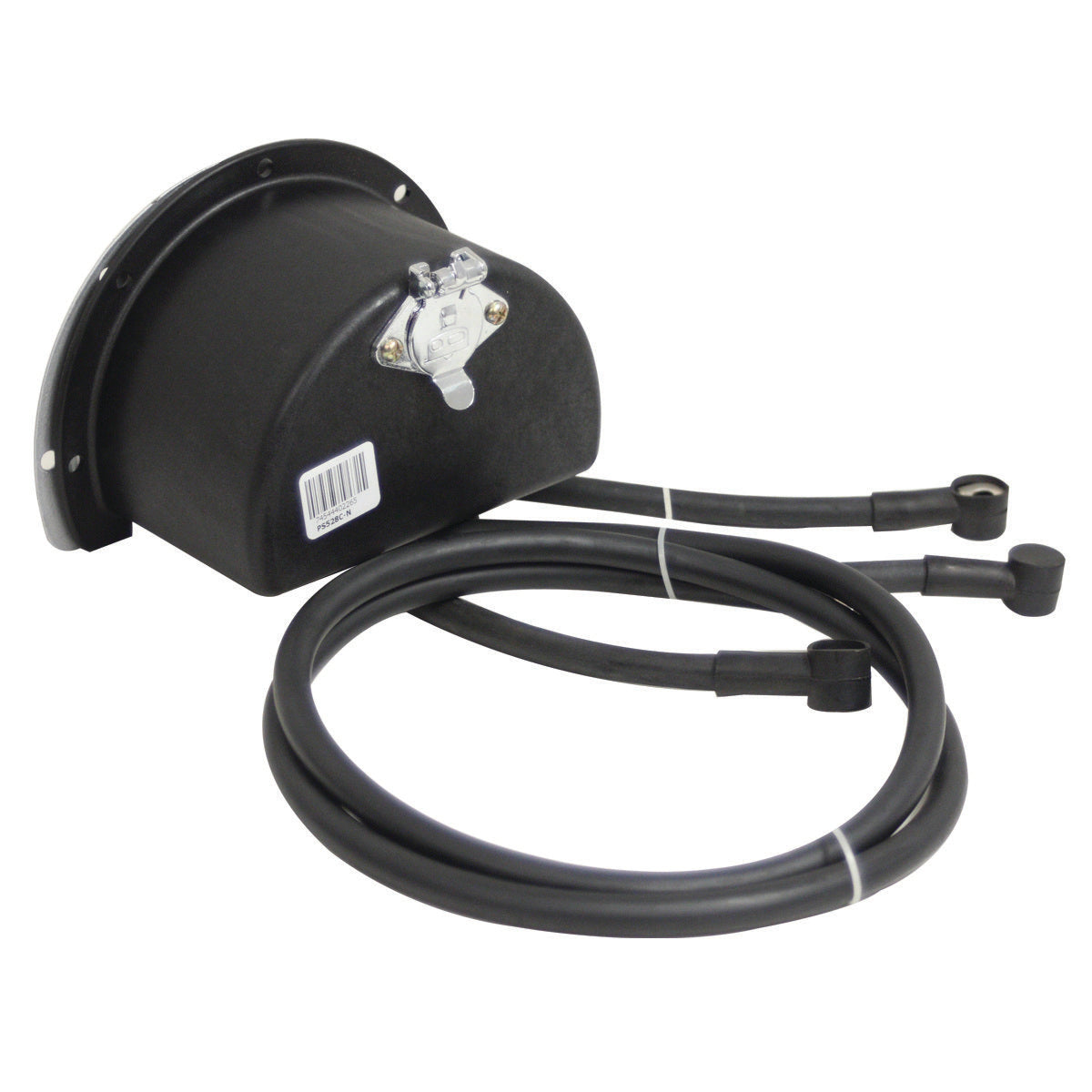 Compact black boat fuel vent featuring two long hoses and a metal cap with easy installation. The 12V Round Compact Solenoid Assembly by PIERCE is pre-wired for maritime enthusiasts.