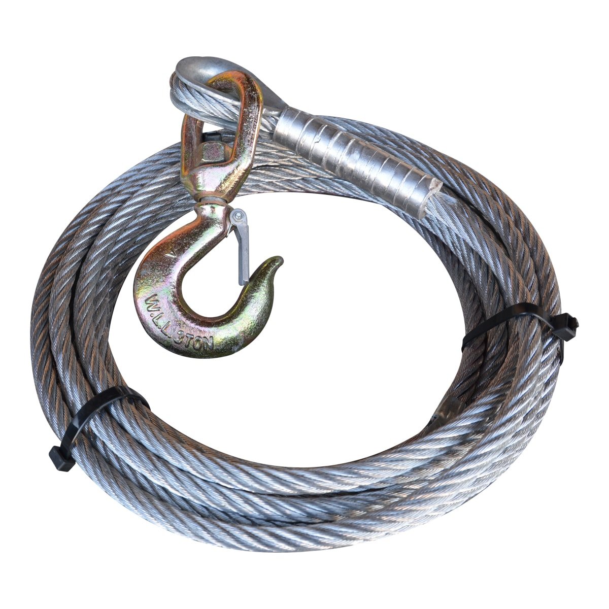 The PIERCE 1/2 Winch Cable, features a safety swivel hook secured by black ties and is displayed on a white background.