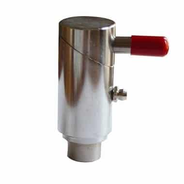 The PIERCE 1 Twist Lock Plunger Latch is a metallic valve with a cylindrical body, featuring a red lever handle and an integrated self-locking mechanism.