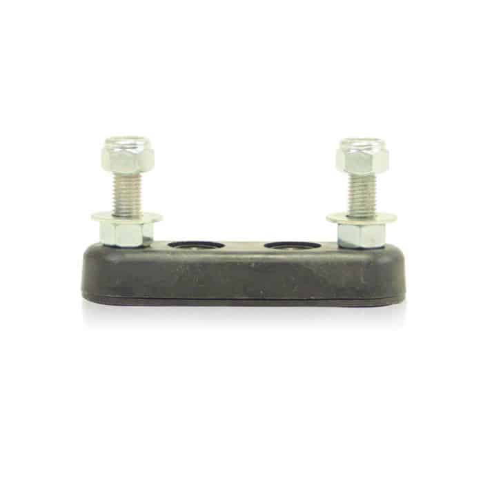 PIERCE 400 Amp Fuse: Black rubber base with two metal bolts and nuts on top, engineered for high-powered protection, isolated on a white background.