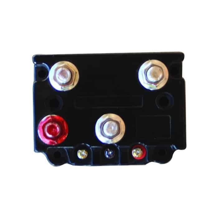 The PIERCE 450 Amp Solenoid Switch, in black, has a waterproof design with four metal bolts and two connectors—red and black. Its perfect for 12-volt applications.