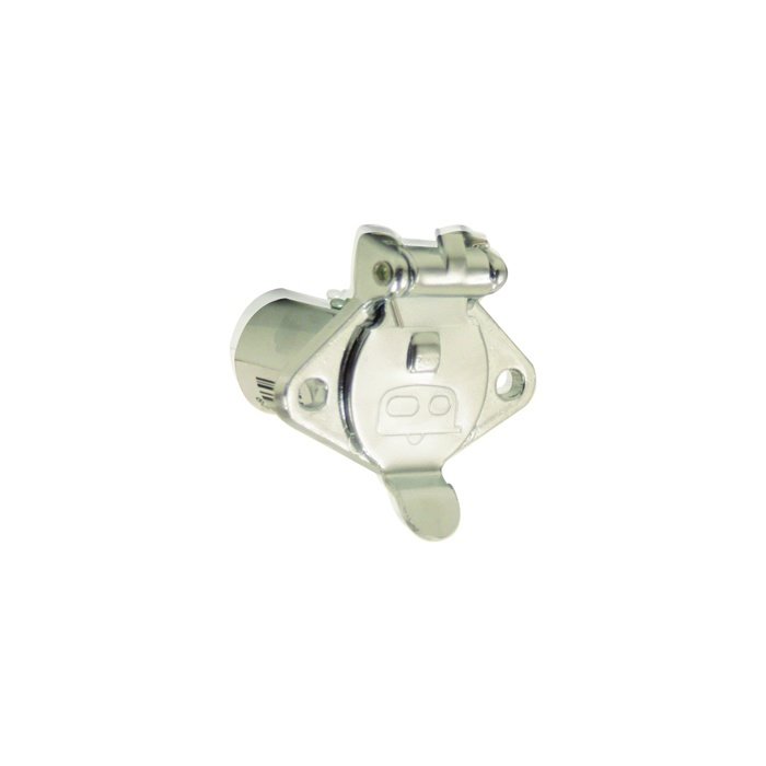 PIERCEs 4 Prong Female Winch Plug is a metal trailer socket with a hinged cover featuring a trailer symbol. Its ideal for replacing female plugs in the PS654 winch series.