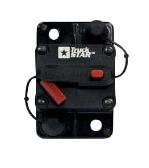 The PIERCE Breaker 200 Amp features a red switch and wires, ideal for power distribution panels. Its durable design ensures compatibility with hydraulic pumps, providing a reliable electrical solution.