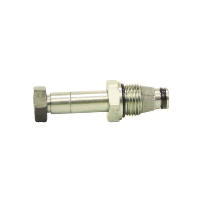 A Bucher Pump Valve, a metallic pipe fitting featuring threaded ends and a hexagonal nut, is ideal for industrial applications and displayed against a white background.