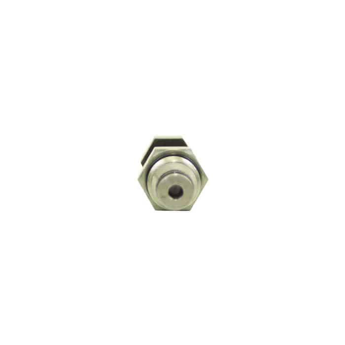 A close-up side view of a hexagonal metal nut with a threaded hole, against a neutral background, part of the Bucher Pump Valve assembly.