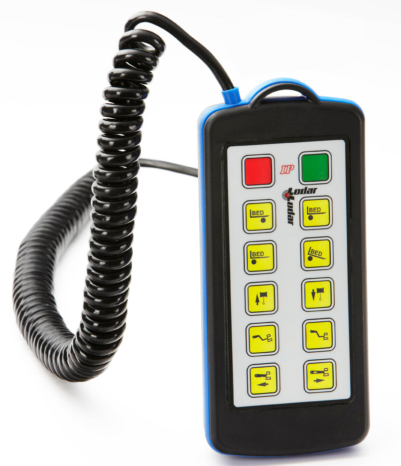 The Lodar Hard-Wired Remote - 10F from Lodar LTD is a handheld remote with a coiled cord and nine yellow buttons, equipped with a waterproof Bulgin connector for enhanced durability.