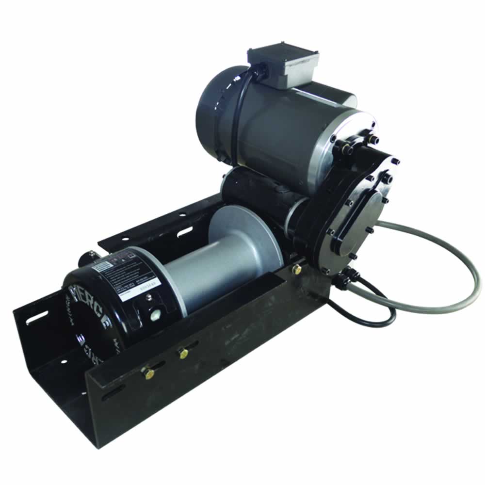 The PIERCE 11,000 lbs. 8" Drum 110V AC Industrial Winch features a motorized system and metal housing mounted on a sturdy black frame, designed for easy installation and compatibility with various replacement parts.